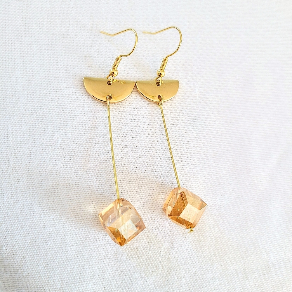Subtle Delights Handmade Abstract Gold Tone & Cut Glass Cube Dangling Earrings